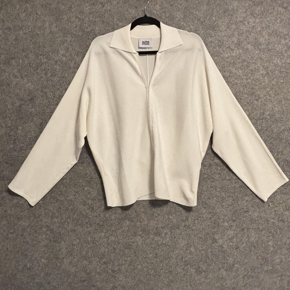 Alpha Studio Sweater Womens Size 46 White Viscose Nylon 1/2 Zip Collared Dolman
